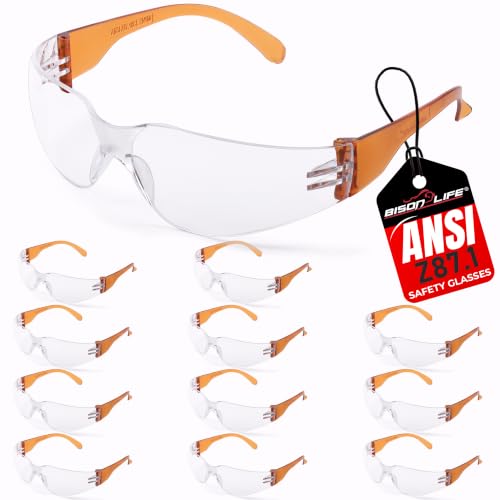 BISON LIFE Clear/Orange Safety Glasses for Men & Women, ANSI Z87.1, 12 Pack - color: Clear/Orange