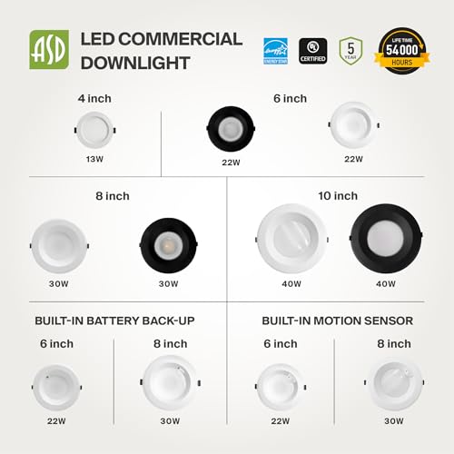 ASD 8 Pack 6 Inch Commercial Canless LED Downlight - color: Black Round, size: 6 Inch (8 Pack)