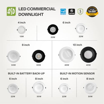 ASD 8 Pack 6 Inch Commercial Canless LED Downlight - color: Black Round, size: 6 Inch (8 Pack)