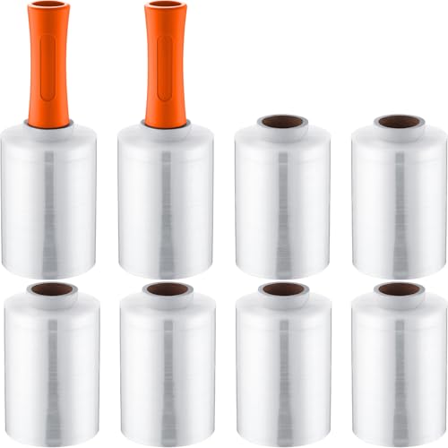 Jutom 8 Pcs Mini Stretch Film Industrial Shrink Wrap Roll Plastic Film for Moving 2 Handles 5" x 1000 ft Pallet Wrap Packaging Self Adhering Shipping for Moving Furniture Packing (Orange) - color: Orange