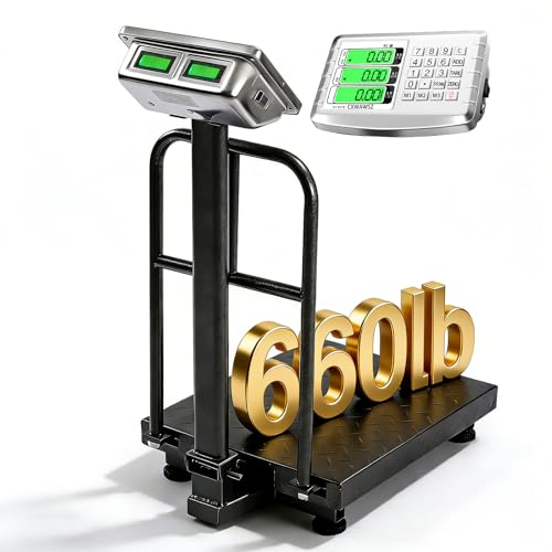 660LB Industrial Digital Floor Scale with Removable Guardrail – Heavy Duty Platform Scale, LB/KG Conversion, for Postal, Luggage, Shipping & Mailing - color: Black Guardrail