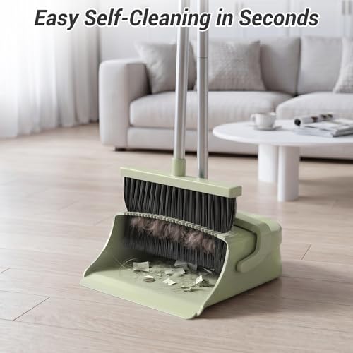 Broom with Dustpan Set for Pet Hair & Dust Cleanup, Green - color: Green