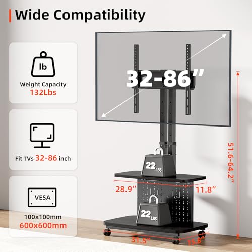Mobile TV Cart on Wheels,Height Adjustable Rolling TV Stand for 32-85 inch TVs,with 5-Level Lift,35° Swivel,Portable Media Cart for Office,Outdoor - color: Black