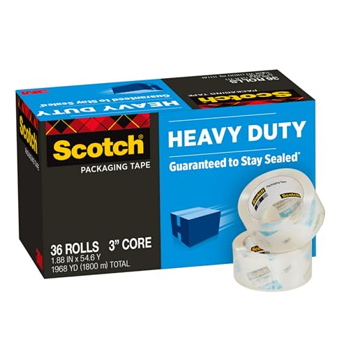 Scotch Heavy Duty Shipping Packing Tape, Clear, Shipping and Packaging Supplies, 1.88 in. x 54.6 yd., 36 Refill Tape Rolls