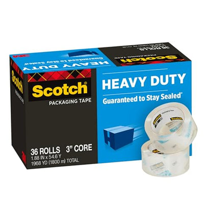 Scotch Heavy Duty Shipping Packing Tape, Clear, Shipping and Packaging Supplies, 1.88 in. x 54.6 yd., 36 Refill Tape Rolls