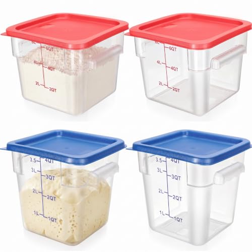 Lallisa 4 Pcs 8qt & 4qt Clear Food Storage Containers with Lids Handles and Scales, Stackable Plastic Square Food Storage Containers for Dough Proofing Baking Kitchen Restaurant(Red, Blue) - color: Red, Blue