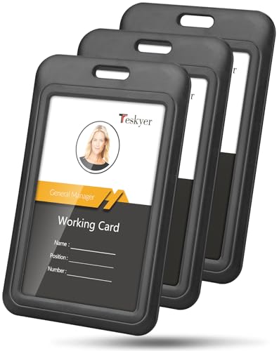 Teskyer 3 Pack Sliding ID Badge Holder, Vertical, Black - color: Black