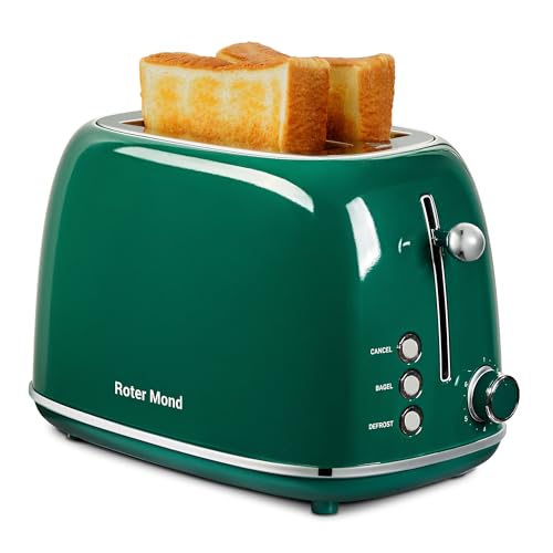 Roter Mond 2 Slice Toaster Retro Stainless Steel with Bagel, Cancel, and Defrost Functions, 6 Bread Shade Settings, Extra Wide Slots and Removable Crumb Tray, Green - color: Green
