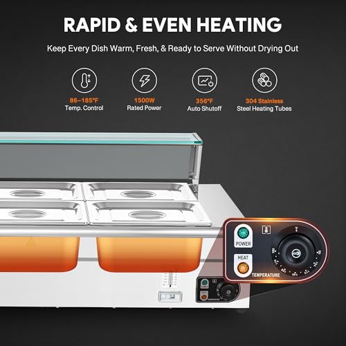 WILPREP 6-Pan Commercial Food Warmer with Sneeze Guard, Six 1/2 Pans, 1500W Countertop Electric Warmer, 86-185°F Adjustable Temp Control, Stainless Steel Buffet Bain Marie - size: 1/2 pan*6