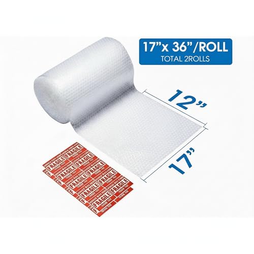 Bubble Cushioning Wrap Roll, Sumono 17 Inch x 72 Feet Total [2 Rolls of 36 Feet] Bubble Roll Perforated 12 Inch Included 20 Fragile Sticker Label - size: 2 Roll: 17inx36ft, Total 72ft