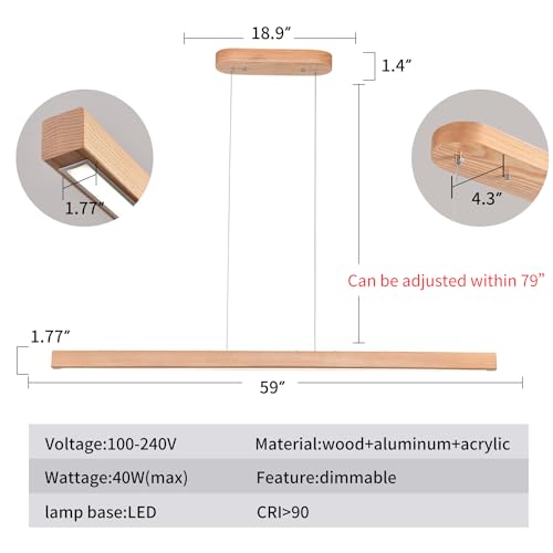 YISDESIGN 59" Wood Linear Pendant Light Fixtures Led Dining Room Chandelier Linear Kitchen Island Hanging Lights Dimmable Modern Pendant Light for Dining Room Kitchen Island Pool Table Lights Natural - color: Natural, size: 59in