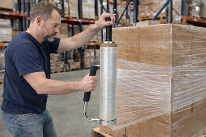 Adjustable Hand Stretch Wrap Dispenser with Foam Handle – Fits 1.5 in 2 in 3 in Tubes, 12–19.5 in Roll Height, Manual Pallet Wrap Tool, Works with 18 inch Tall Rolls
