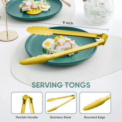 Gold Tongs for Serving Food, XEVOM 12 Pack, 9-Inch Stainless Steel - color: Gold, size: 9inch