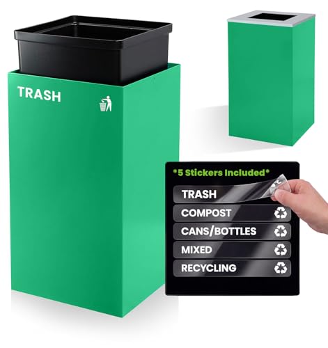 Alpine Commercial Indoor Recycle Bin - 29 Gallon Modern Looking Green Recycle Bin, Office Recycling Bins, Metal Trash and Recycling Container with Stickers & 3 Optional Lids (lid Sold Separately) - color: Green Can