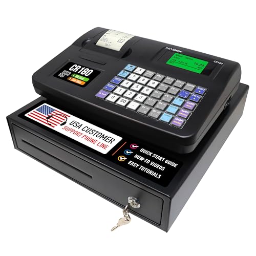 Nadex CR180 Electronic Cash Register, Steel Cash Drawer, Compact Design, Black