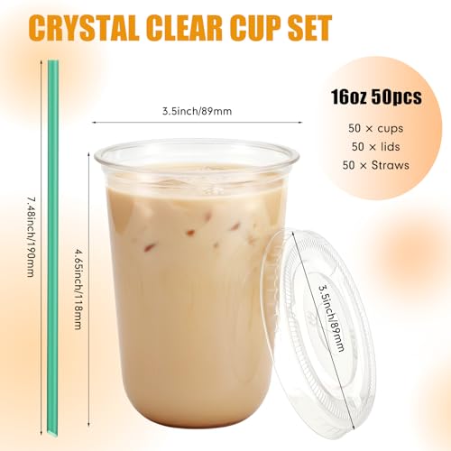 Ziliny 50 Pack 16 oz Plastic Cups with Lids Straws Iced Coffee, Green - color: Green, size: 16 oz