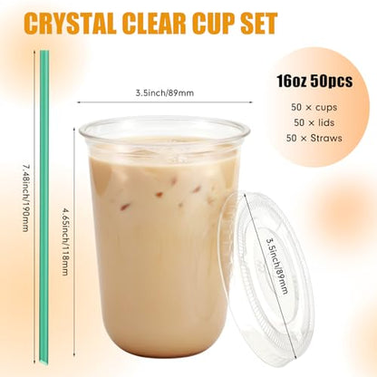 Ziliny 50 Pack 16 oz Plastic Cups with Lids Straws Iced Coffee, Green - color: Green, size: 16 oz