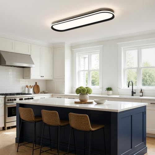 ADISUN Modern LED Ceiling Light Dimmable Linear Ceiling Light 31in Semi Flush Mount Long Lights with Remote Control and Side Lighting for Living Room Kitchen Dining Room (65W) - color: Black-1Pack, size: 31 Inch