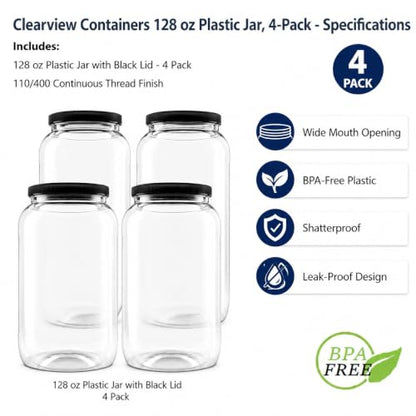 4 Pack - 128 oz (1 Gallon) Plastic Storage Jars with 110-400 Leak Proof Black Lids, Food Grade, BPA Free, Hand Wash Only (128oz, BLK, 4PK) - size: 4pk - 128oz, Black Lid