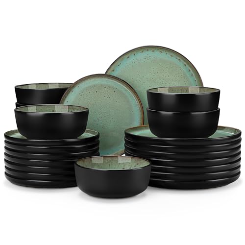 vancasso Plates and Bowls Sets, 24 Pieces Stoneware Dinnerware Sets for 8, Kitchen Dish Set Mircowave and Dishwasher Safe Ceramic Dishware, Turf Green, Series AMBER - color: Turf Green