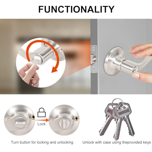 High-Security Stainless Steel Door Lever with Lock and Key(Silver) - color: 8300-Silver