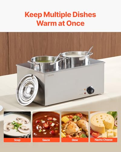 VEVOR Electric Soup Warmer, Two 6.34QT Stainless Steel Round Pot with 86~185°F Adjustable Temp, 1200W Commercial Bain Marie Compatible with Pans, Soup Station for Restaurant, Buffet - size: 2×6L Pots