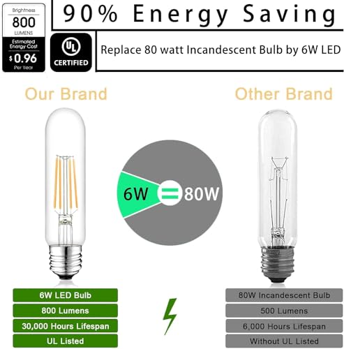 5 Inch Edison Bulb, 5000K Daylight White E26 Led Bulb 6W Dimmable, 800LM T10 T9 Bulb Clear Glass Tubular Light Bulbs, AC 120V Equal 80 Watt Bulbs for Chandelier Pendant Wall Light - 6Pack - size: 5 Inch 6W (6 Count)