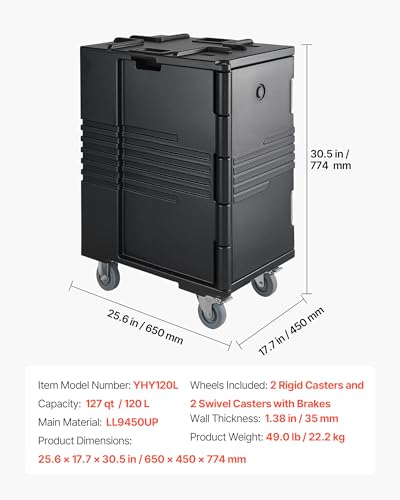 VEVOR Insulated Food Pan Carrier, 127 Qt Non-Electrical Food Warmer, with Swivel Wheel & 304 Stainless Steel Latch, LLDPE Stackable Hot Box, for Various Pan Sizes(NOT Included), Fit Catering BBQ Event - size: 25.6 x 17.7 x 30.5 in