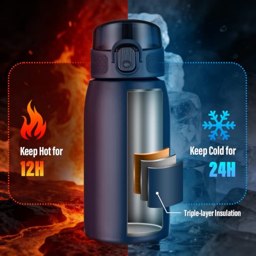 Insulated Water Bottle 12 oz with Dustproof Lid, Carry Handle & Tea Infuser, BPA-Free & Leakproof, Stainless Steel Water Bottles Ideal for Fitness, Hiking, Office & Outdoor Use （Dark Blue ） - color: Dark Blue, size: 12 Ounces