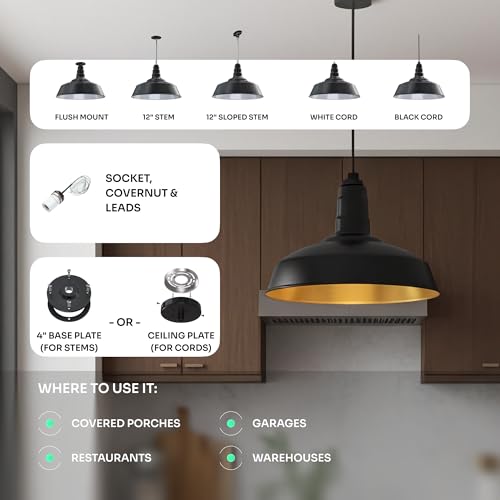 12" Sloped Stem Barn Light Pendant 16" Dome | Garage | Dark Bronze/Brass - color: Dark Bronze with Brass Interior, size: 12" Sloped Stem