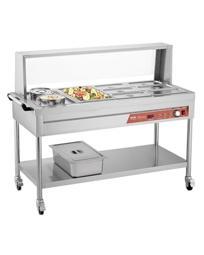 VEVOR Commercial Food Warmer, 7 Pans + 2 Pots Electric Steam Table, 1800W Professional Buffet Catering Food Warmer with Shield Undershelf Wheels, Stainless Steel Server for Party Restaurant Hotel - size: 7 Pans + 2 Pots Large