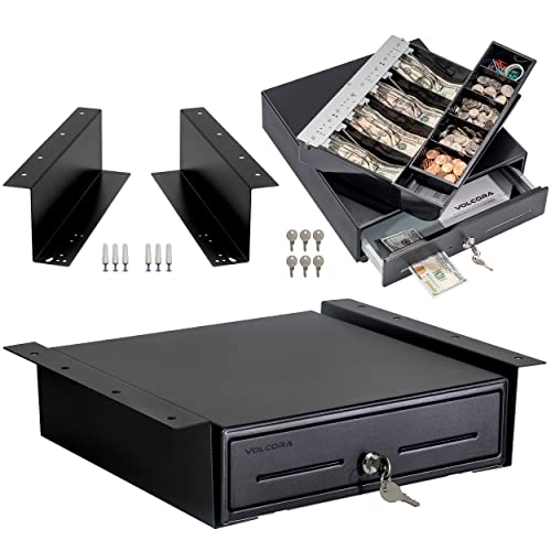Volcora Cash Register Drawer with Under Counter Mounting Metal Bracket, 13" Black Cash Drawer for POS, 4 Bill 5 Coin Cash Tray, Fully Removable 2Tier Compartment 12-24V RJ11/RJ12 Key-Lock - color: Black, size: 13" - 4 Bill 5 Coin with Bracket