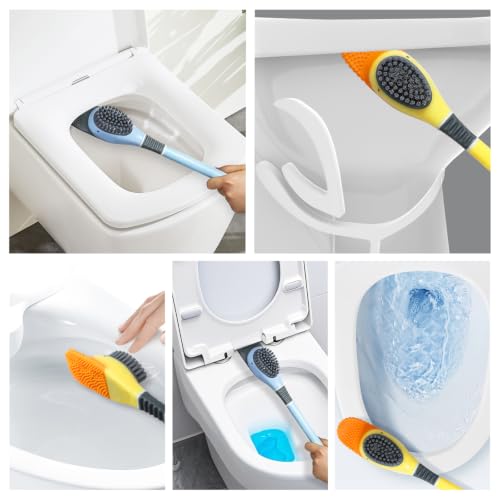 Duck-Shaped Toilet Brush Set – Flat Silicone Brush Head with Side Bristles for Deep Cleaning, Non-Stick, Hidden Plunger, Wall-Mount Holder(Yellow) - color: Yellow