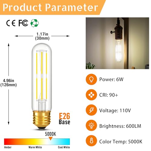 Dimmable E26 T10 LED Bulb Tube Light Bulbs 6W,Daylight 5000K 600LM,6 Pack - color: Daylight 5000k, size: 5 Inch-6 Count