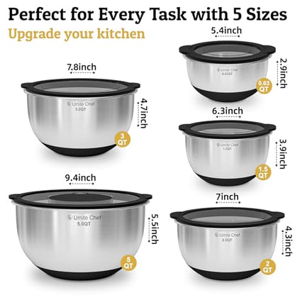 Mixing Bowls with Lids Set - Non-Slip, Airtight Warp-Proof TPR-AS Lids, Thicker Stainless Steel Bowls, Measurement Lines & 3 Graters, Prep Meal Bowl, Black Nesting Bowl for Kitchen, 5/3/2/1.5/0.63QT - color: Black
