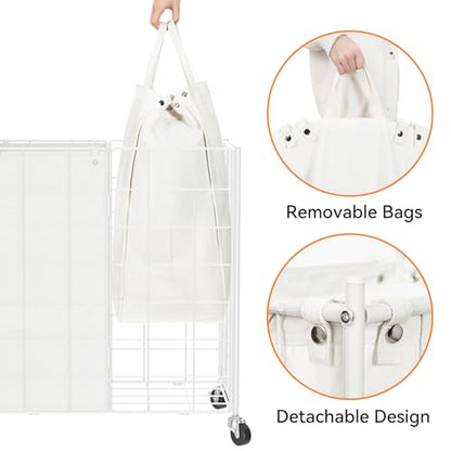 WOWLIVE Double Laundry Hamper with Wheels, Metal Rolling Laundry Basket - color: White, size: 120l