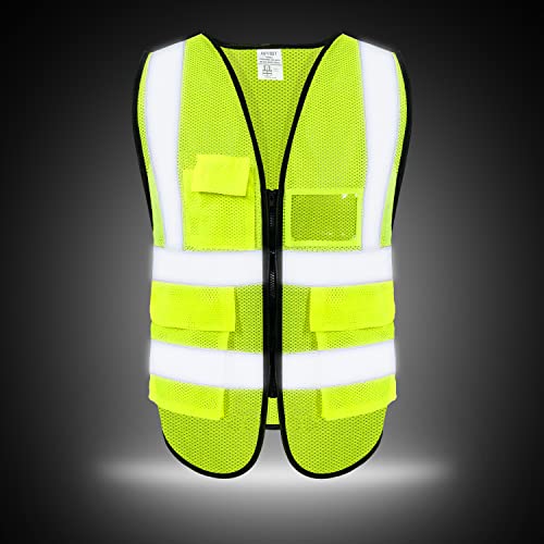 5 Pockets High Visibility Reflective Safety Vest,Zipper Front, Meets ANSI/ISEA Standards - color: Yellow-mesh, size: Small