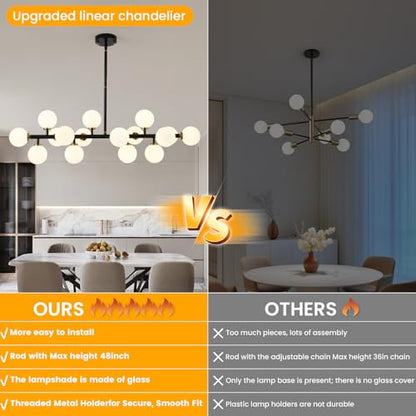 Black and Gold Chandelier Modern Rectangle Chandelier Glass Globe Pendant Light Fixture Adjustable for Dining Living Room Kitchen Island 16-Light - color: BlackGold-40in