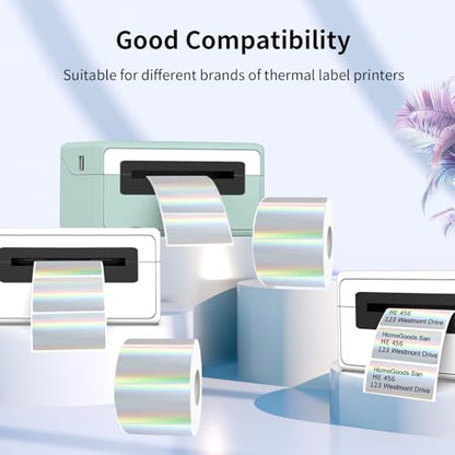 Direct Thermal Label 2x1 Inch- Barcode Labels- Holographic Thermal Sticker Labels for Address, Shipping, Compatible with Rollo Label Printer & MUNBYN& Zebra (300 Labels/Silver) - color: Holographic Silver, size: 2"x 1"