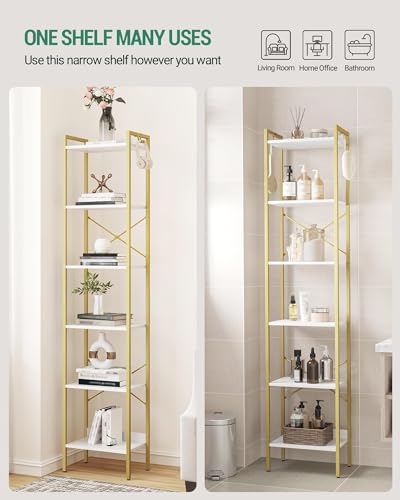 Hzuaneri Bookshelf, Book Shelf, Industrial Bookcase with 2 Hooks - color: White Gold, size: 9.4"D x 15.4"W x 72.8"H