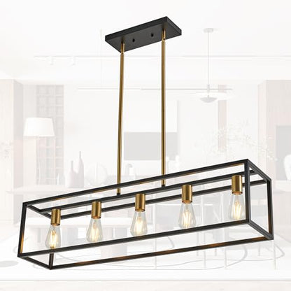 Kitchen Light Fixtures Farmhouse Rectangle Chandeliers Dining Room Light for Dining Rooms, Light Fixture Matte 5-Light Industrial Pendant Lighting - color: Black&Brass, size: 5 Lights
