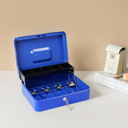 Cash Box with Lock Key and Money Tray, Large Money Box for Cash Register - color: Blue