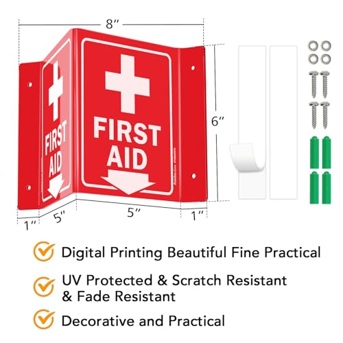 Faittoo First Aid Sign, 5 Pack First Aid with Cross Symbol - 6 x 8 Inches V-Shaped Acrylic Plastic, 4 Pre-Drilled Holes, Includes Matching Screws, Use for Home Office/Business - style: V-shaped 5 Pack