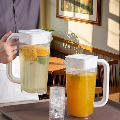CURTA 2 Pack Plastic Pitcher with Lid, 2L Heavy-Duty Shatterproof Pitchers Clear Water Pitcher with Handle for Lemonade, Coffee,Iced Tea, Milk, Juice, Beverages - color: White & White