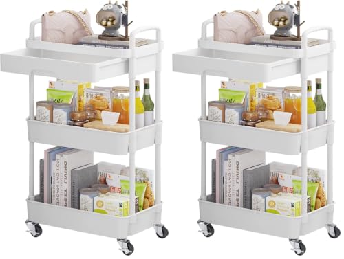 Calmootey 3-Tier Rolling Utility Cart with Drawer,Multifunctional Storage Organizer with Plastic Shelf & Metal Wheels,Storage Cart for Kitchen,Bathroom,Living Room,Office,White (Pack of 2) - color: White, size: 3-Tier (Pack of 2)