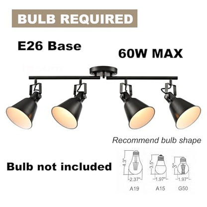 DIRYZON 4-Light Industrial Matte Black Adjustable Round Track Lighting, Semi Flush Mount Ceiling Light with Multi-Directional Heads for Kitchen, Living Room, Bedroom, Hallway, Dimmable - color: Black, size: 4-Light