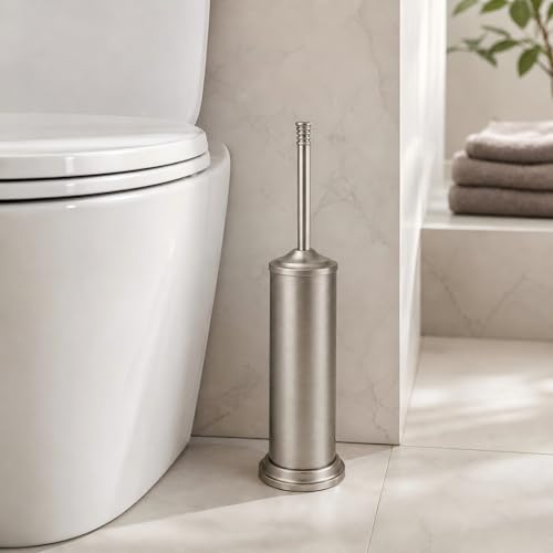 Nickel Toilet Brush and Holder Set，Extra Long Handled Toilet Bowl Brush and Holder，Stainless Steel Heavy Duty Toilet Brush for Bathroom,Deep Cleaning Modern Toilet Cleaner Slip Base - color: Nickel