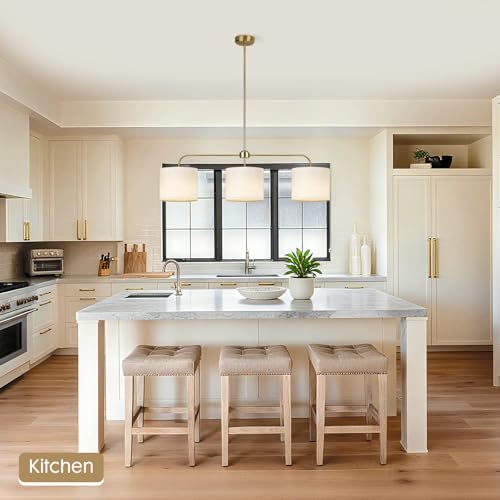 3 Light Gold Linear Chandelier with Linen Beige Drum Shades,Modern Pendant Light Fixture for Kitchen Island,Dining Room,Living Room,Mid-Century Ceiling Light Fixture,Adjustable Height Island Light - color: 3 Light-Gold
