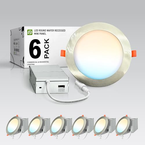 ASD 6 Pack LED Recessed Lighting 6 Inch 12W, 5 CCT 2700K-5000K CRI90+, IC Rated Ultra Thin Dimmable Ceiling Lights with J Box, Canless Wafer Downlight, Round Slim Panel Light, Energy Star ETL, Nickel - color: Nickel, size: 6 Inch 6 Pack