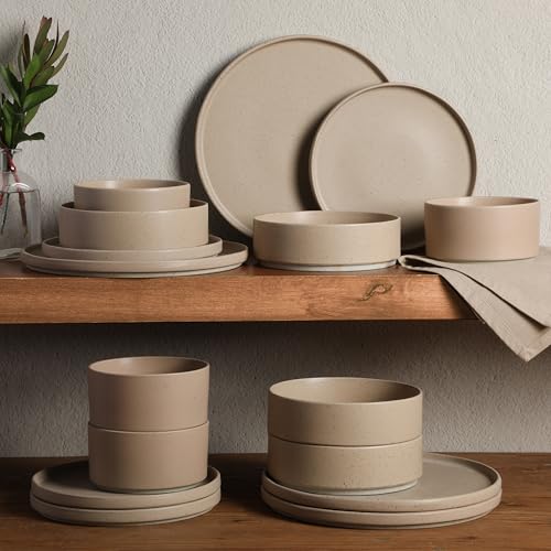 Gibson Elite Tatum Premium Porcelain Matte Reactive Glaze 16-Piece (Service for 4) Plates and Bolws Stackable Dishes Ceramic Dinnerware - Blush Pink/Taupe - color: Earthstone Taupe (Tatum)